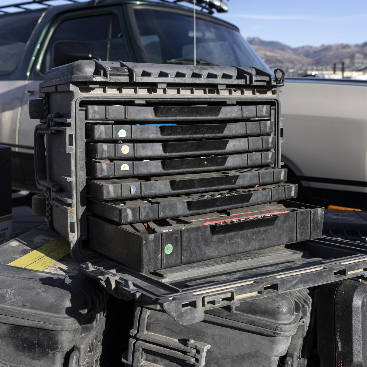 Military tool kit drawers in a truck bed